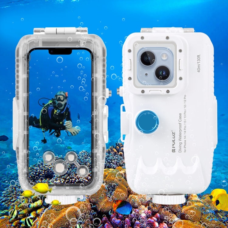 PULUZ 40m/130ft Waterproof Diving Case for iPhone 14 / 14 Pro / 13 / 13 Pro / 12 , with One-way Valve Photo Video Taking Underwater Housing